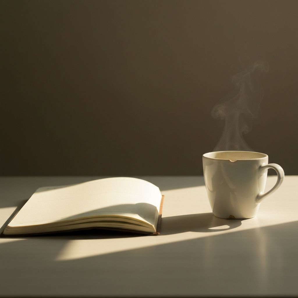 Luz natural sobre un cuaderno y una taza